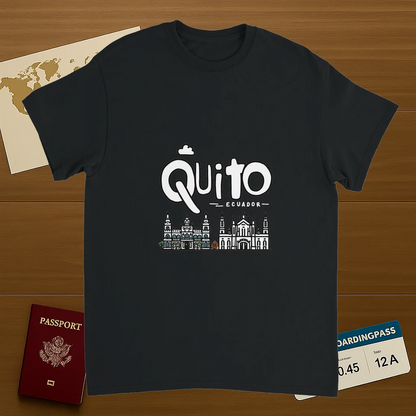 black Quito Ecuador Unisex Travel T-Shirt on wooden background with world map, passport, and boarding pass