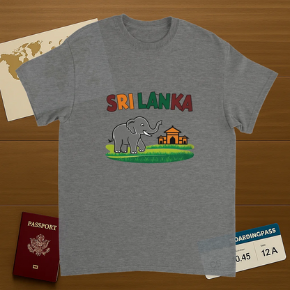 sport grey Sri Lanka Unisex Travel T-Shirt on wooden background with world map, passport, and boarding pass