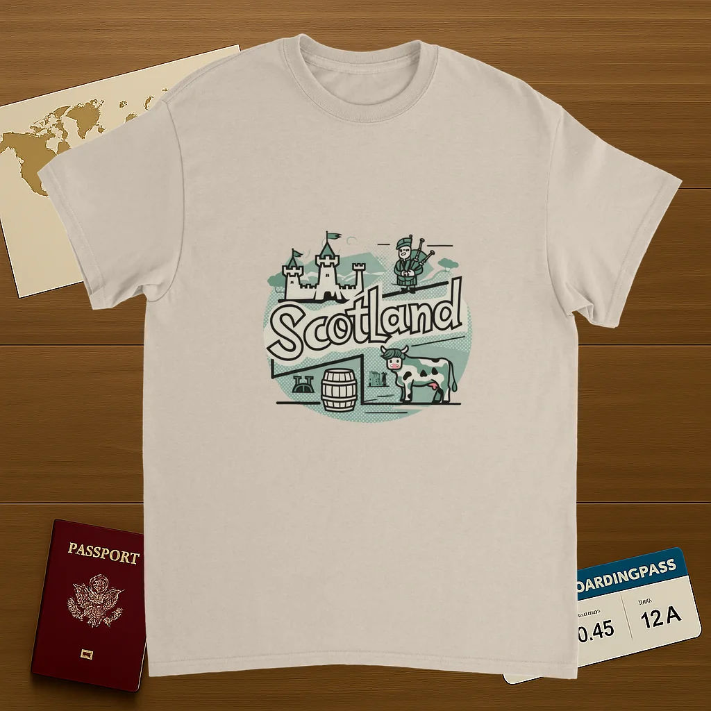 Scotland Unisex Travel T-Shirt on wooden background with world map, passport, and boarding pass