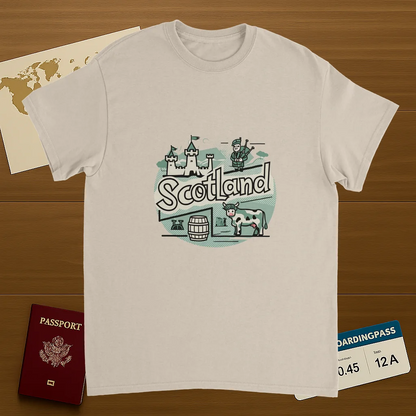 Scotland Unisex Travel T-Shirt on wooden background with world map, passport, and boarding pass