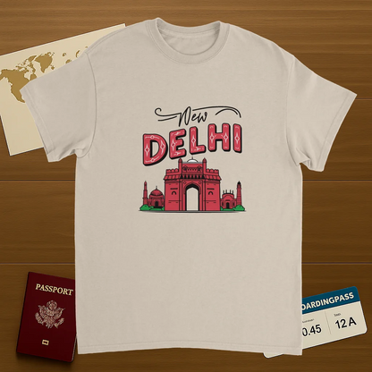 New Delhi India Unisex Travel T-Shirt on wooden background with world map, passport, and boarding pass