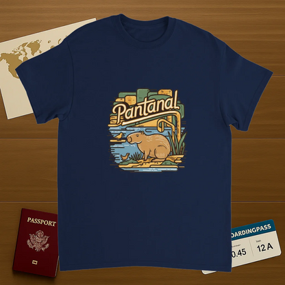 navy Pantanal Brazil Unisex Travel T-Shirt on wooden background with world map, passport, and boarding pass