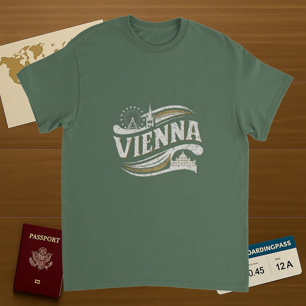 military green Vienna Austria Unisex Travel T-Shirt on wooden background with world map, passport, and boarding pass