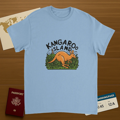 light blue Kangaroo Island Australia Unisex Travel T-Shirt on wooden background with world map, passport, and boarding pass