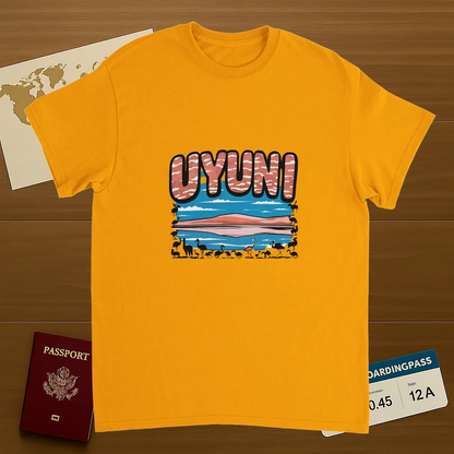 gold Uyuni Bolivia Unisex Travel T-Shirt on wooden background with world map, passport, and boarding pass