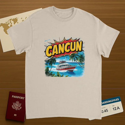 Cancún Mexico Unisex Travel T-Shirt on wooden background with world map, passport, and boarding pass