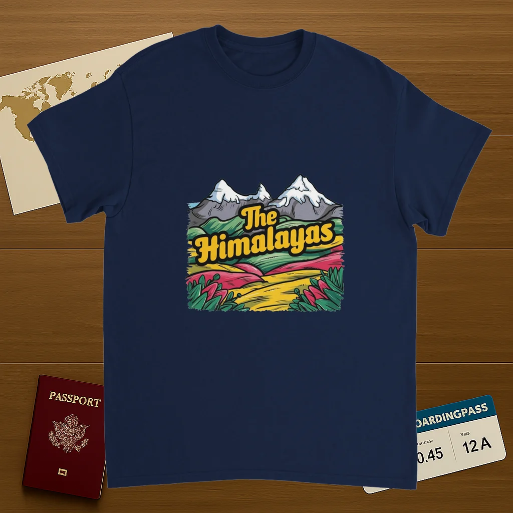 navy Himalayas Unisex Travel T-Shirt on wooden background with world map, passport, and boarding pass