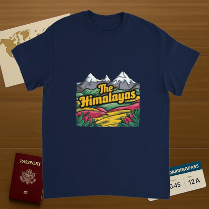 navy Himalayas Unisex Travel T-Shirt on wooden background with world map, passport, and boarding pass