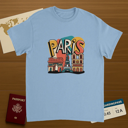 light blue Paris France Unisex Travel T-Shirt on wooden background with world map, passport, and boarding pass
