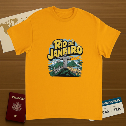 gold Rio de Janeiro Brazil Unisex Travel T-Shirt on wooden background with world map, passport, and boarding pass