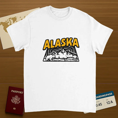 white Alaska USA Unisex Travel T-Shirt on wooden background with world map, passport, and boarding pass