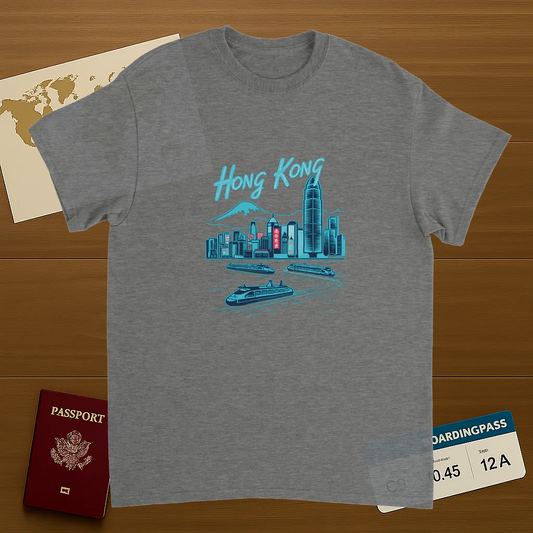 sport grey Hong Kong Unisex Travel T-Shirt on wooden background with world map, passport, and boarding pass