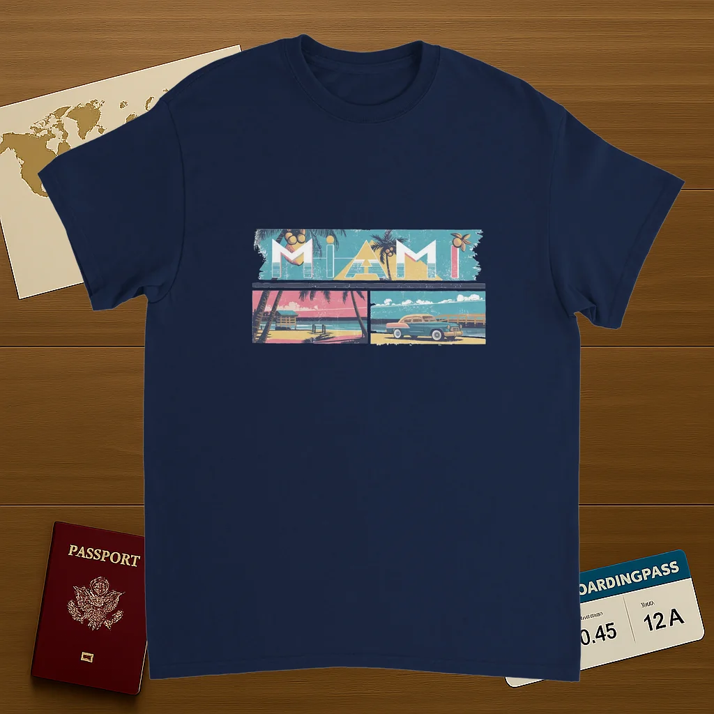 navy Miami USA Unisex Travel T-Shirt on wooden background with world map, passport, and boarding pass