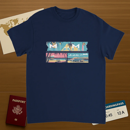 navy Miami USA Unisex Travel T-Shirt on wooden background with world map, passport, and boarding pass