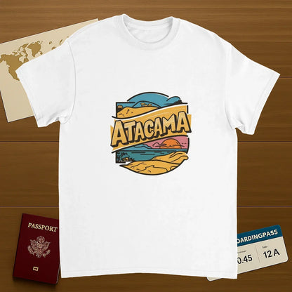 white Atacama Chile Unisex Travel T-Shirt on wooden background with world map, passport, and boarding pass