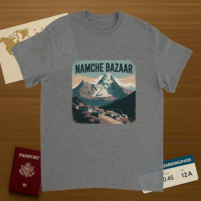 sport grey Namche Bazaar Nepal Unisex Travel T-Shirt on wooden background with world map, passport, and boarding pass