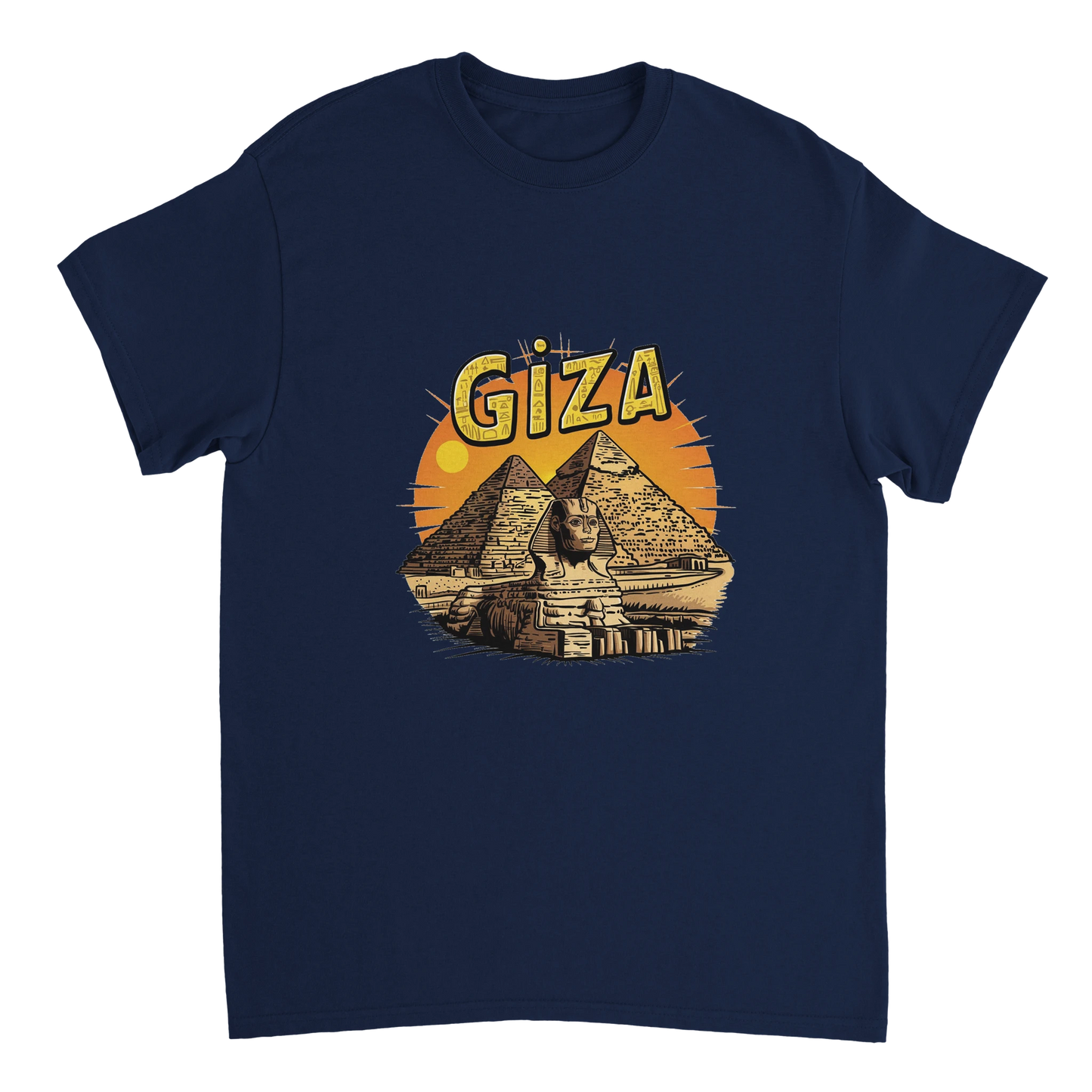 navy Giza Egypt Unisex Travel T-Shirt on wooden background with world map, passport, and boarding pass