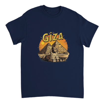 navy Giza Egypt Unisex Travel T-Shirt on wooden background with world map, passport, and boarding pass