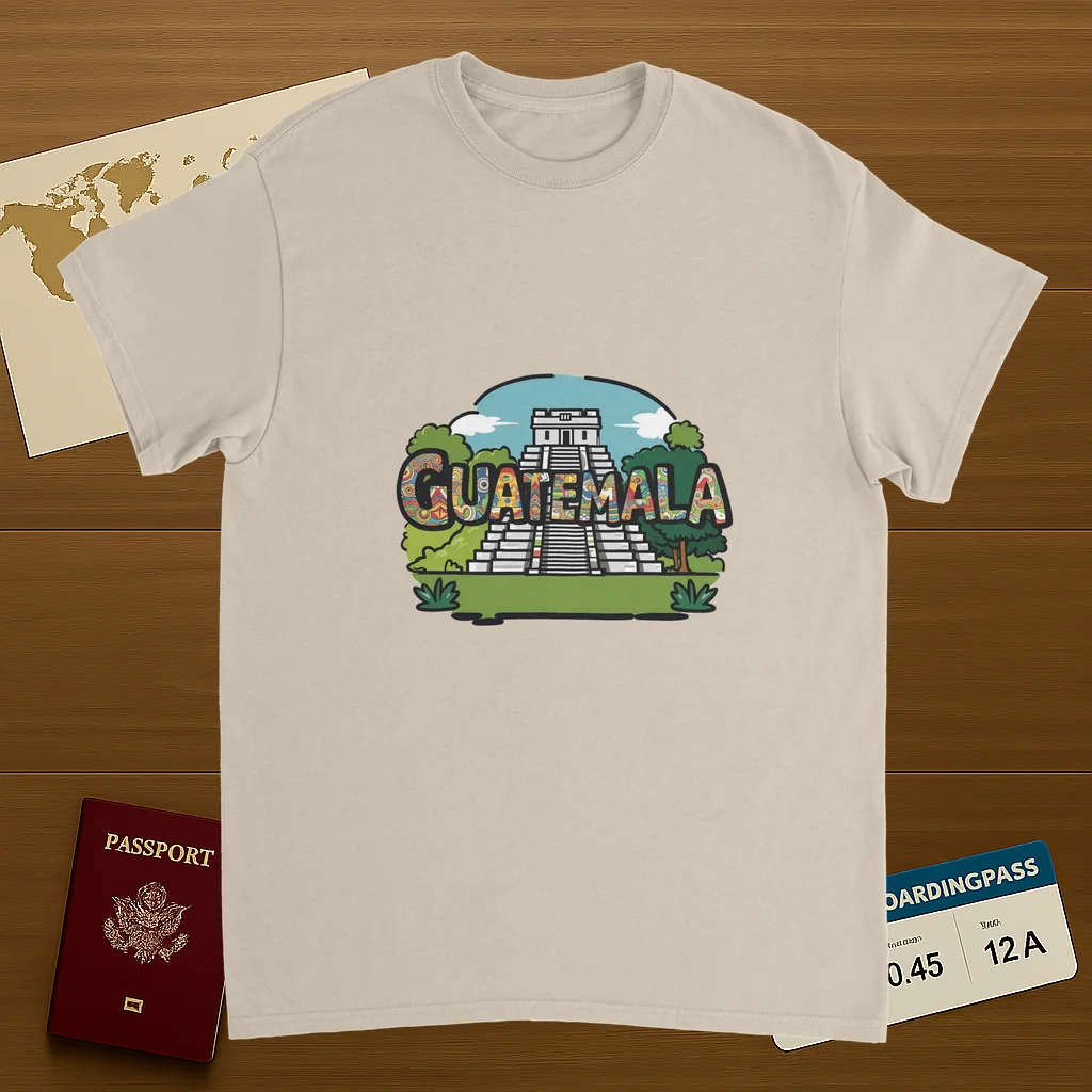 Guatemala Unisex Travel T-Shirt on wooden background with world map, passport, and boarding pass