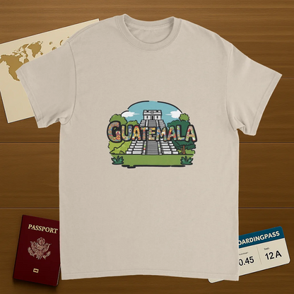 Guatemala Unisex Travel T-Shirt on wooden background with world map, passport, and boarding pass
