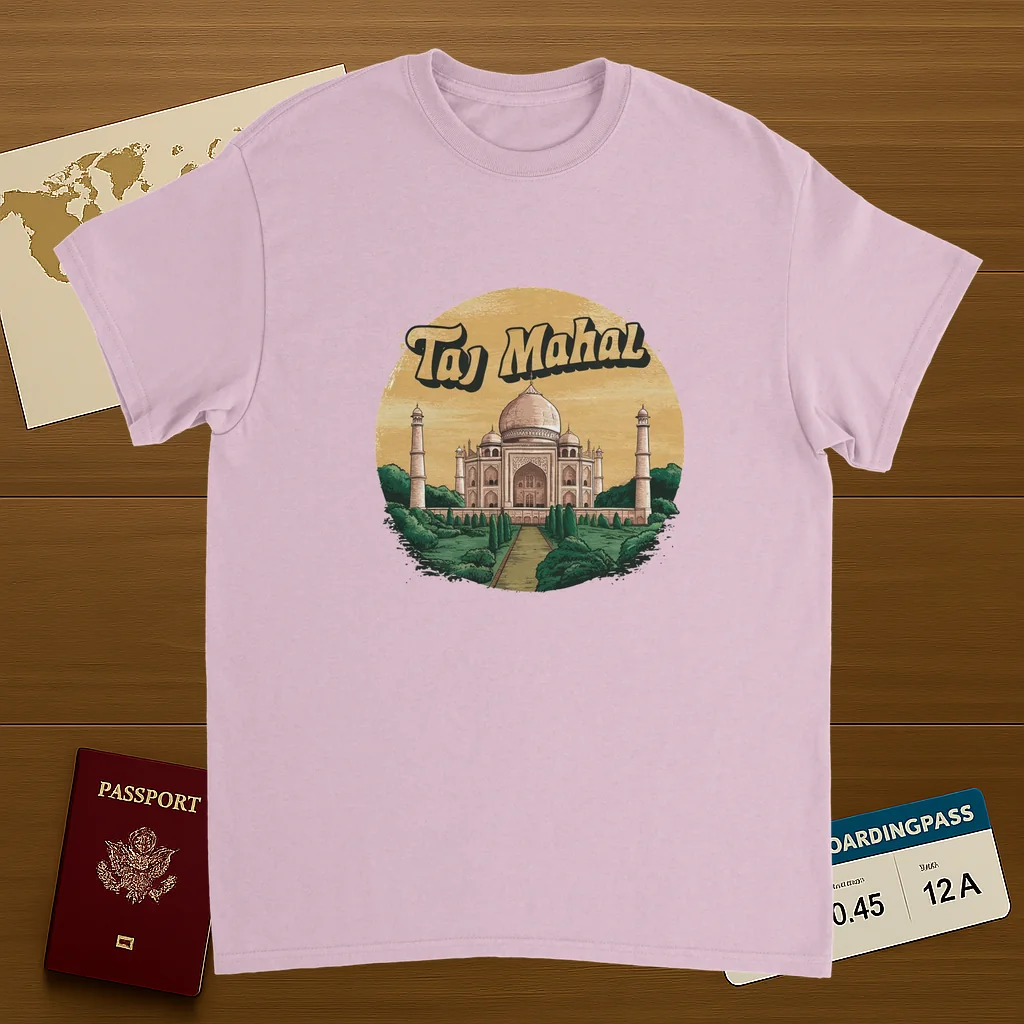 light pink Taj Mahal Agra India Unisex Travel T-Shirt on wooden background with world map, passport, and boarding pass