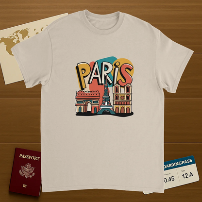 Paris France Unisex Travel T-Shirt on wooden background with world map, passport, and boarding pass
