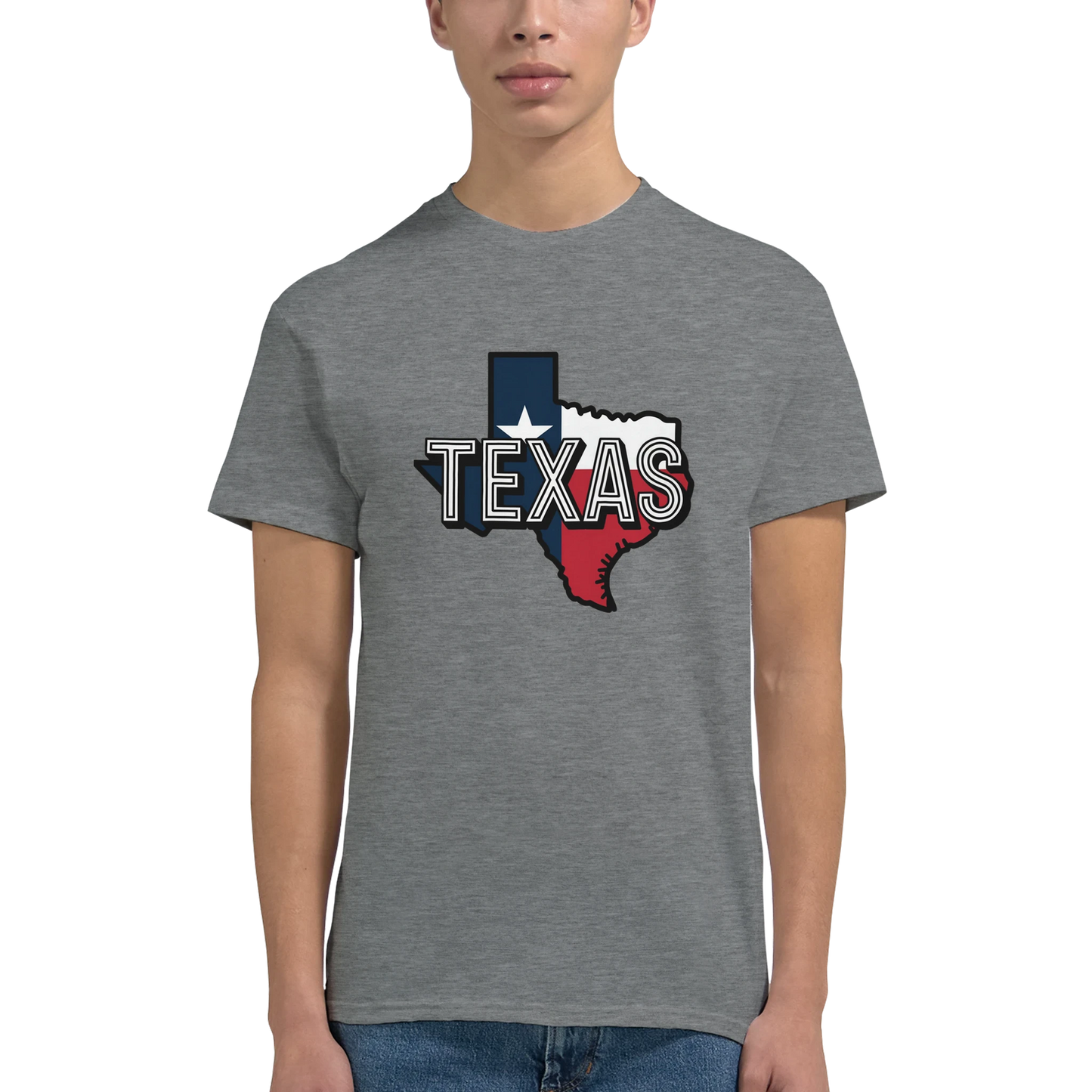 Texas USA Unisex Travel T-Shirt on wooden background with world map, passport, and boarding pass