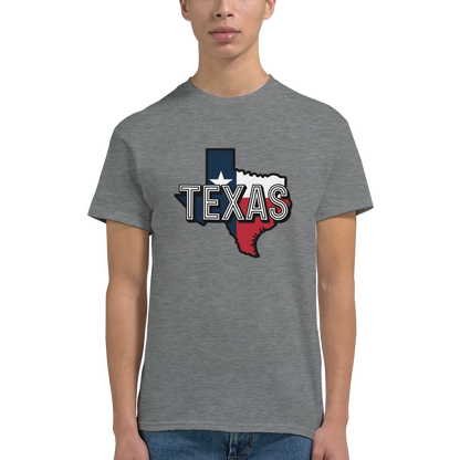 Texas USA Unisex Travel T-Shirt on wooden background with world map, passport, and boarding pass