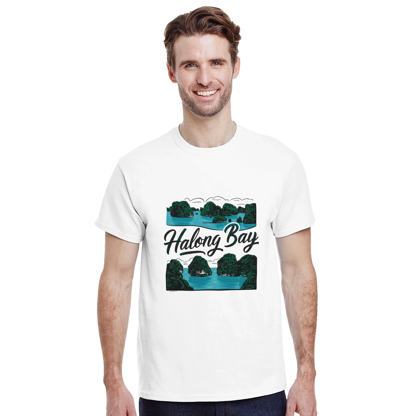 Halong Bay Vietnam Unisex Travel T-Shirt featuring a man