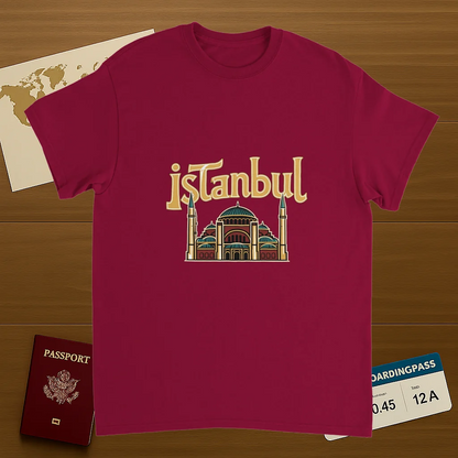 cardinal red Istanbul Turkey Unisex Travel T-Shirt on wooden background with world map, passport, and boarding pass