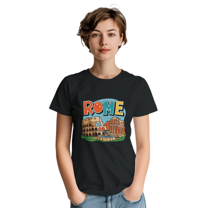 Rome Italy Unisex Travel T-Shirt on wooden background with world map, passport, and boarding pass