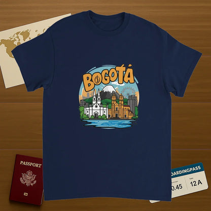 navy Bogotá Colombia Unisex Travel T-Shirt on wooden background with world map, passport, and boarding pass