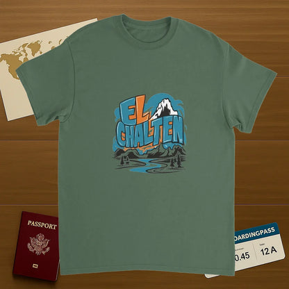 military green El Chaltén Argentina Unisex Travel T-Shirt on wooden background with world map, passport, and boarding pass