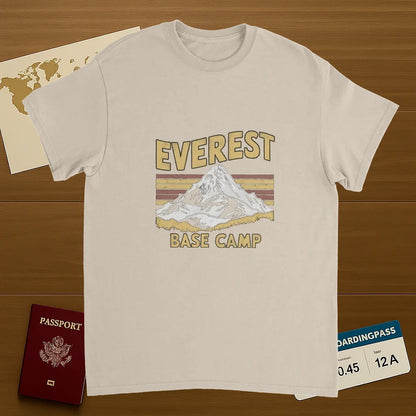 Everest Base Camp Nepal Unisex Travel T-Shirt on wooden background with world map, passport, and boarding pass