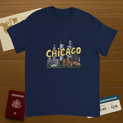navy Chicago USA Unisex Travel T-Shirt on wooden background with world map, passport, and boarding pass