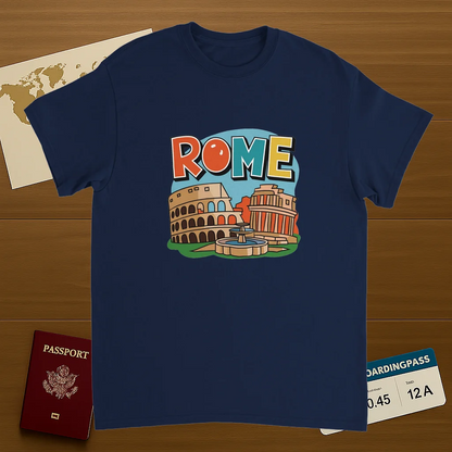 navy Rome Italy Unisex Travel T-Shirt on wooden background with world map, passport, and boarding pass