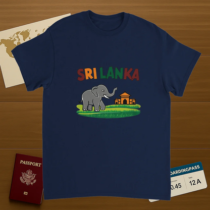 navy Sri Lanka Unisex Travel T-Shirt on wooden background with world map, passport, and boarding pass