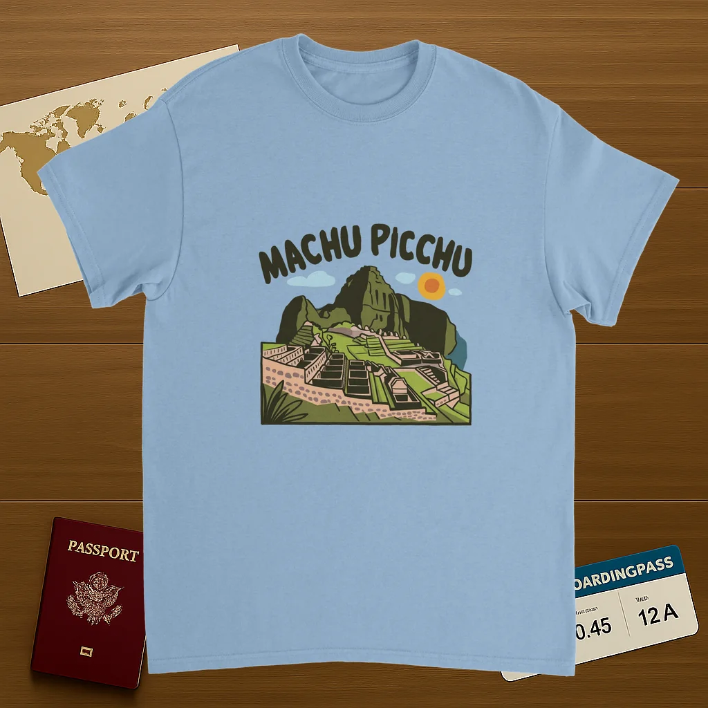 light blue Machu Picchu Unisex Travel T-Shirt on wooden background with world map, passport, and boarding pass