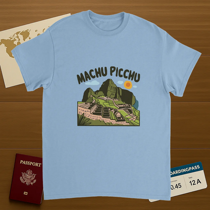 light blue Machu Picchu Unisex Travel T-Shirt on wooden background with world map, passport, and boarding pass