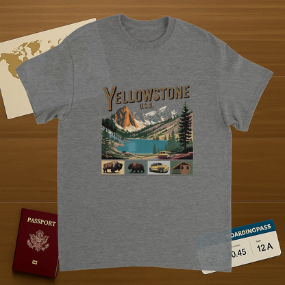 sport grey Yellowstone USA Unisex Travel T-Shirt on wooden background with world map, passport, and boarding pass