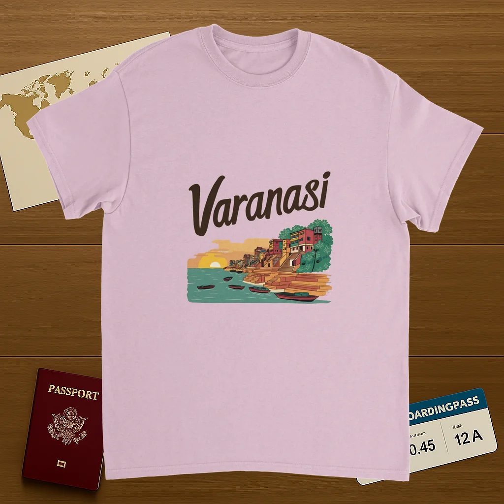 light pink Varanasi India Unisex Travel T-Shirt on wooden background with world map, passport, and boarding pass