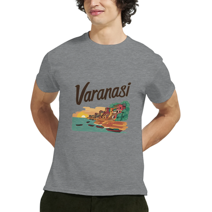 Varanasi India Unisex Travel T-Shirt featuring a man