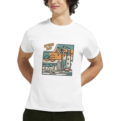 Byron Bay Australia Unisex Travel T-Shirt featuring a man