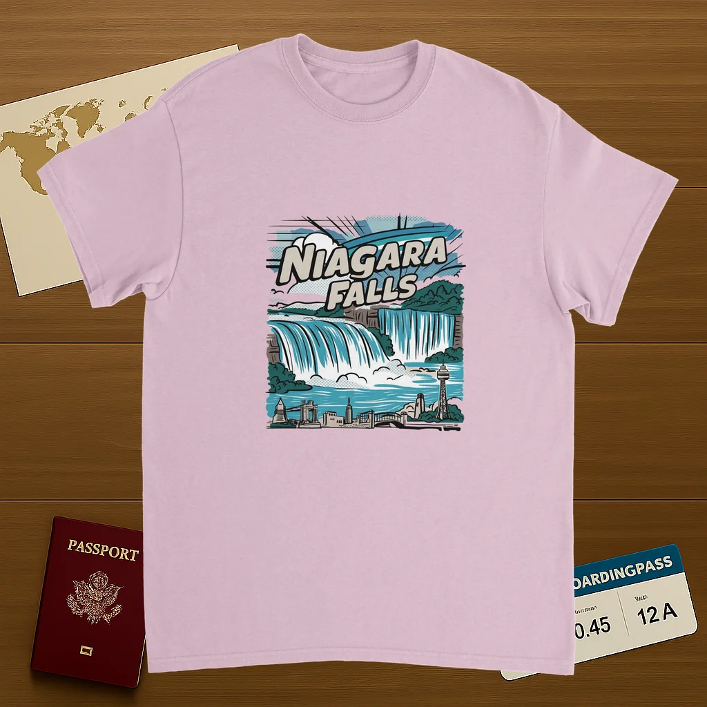 light pink Niagara Falls Unisex Travel T-Shirt on wooden background with world map, passport, and boarding pass
