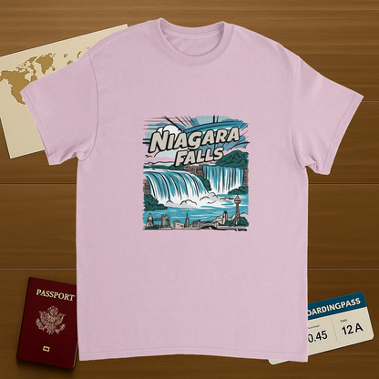 light pink Niagara Falls Unisex Travel T-Shirt on wooden background with world map, passport, and boarding pass