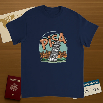 navy Pisa Italy Unisex Travel T-Shirt on wooden background with world map, passport, and boarding pass
