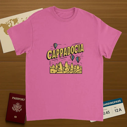 Cappadocia Turkey Unisex Travel T-Shirt on wooden background with world map, passport, and boarding pass