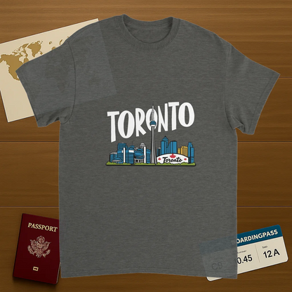 Toronto Canada Unisex Travel T-Shirt on wooden background with world map, passport, and boarding pass