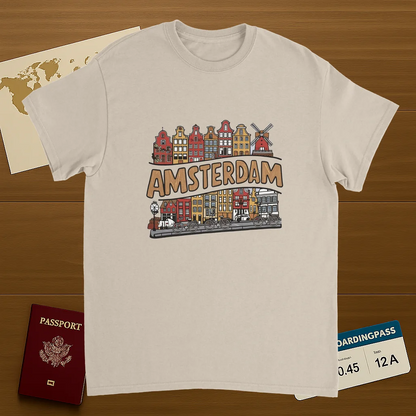 Amsterdam Netherlands Unisex Travel T-Shirt on wooden background with world map, passport, and boarding pass