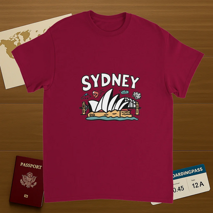 cardinal red Sydney Australia Unisex Travel T-Shirt on wooden background with world map, passport, and boarding pass